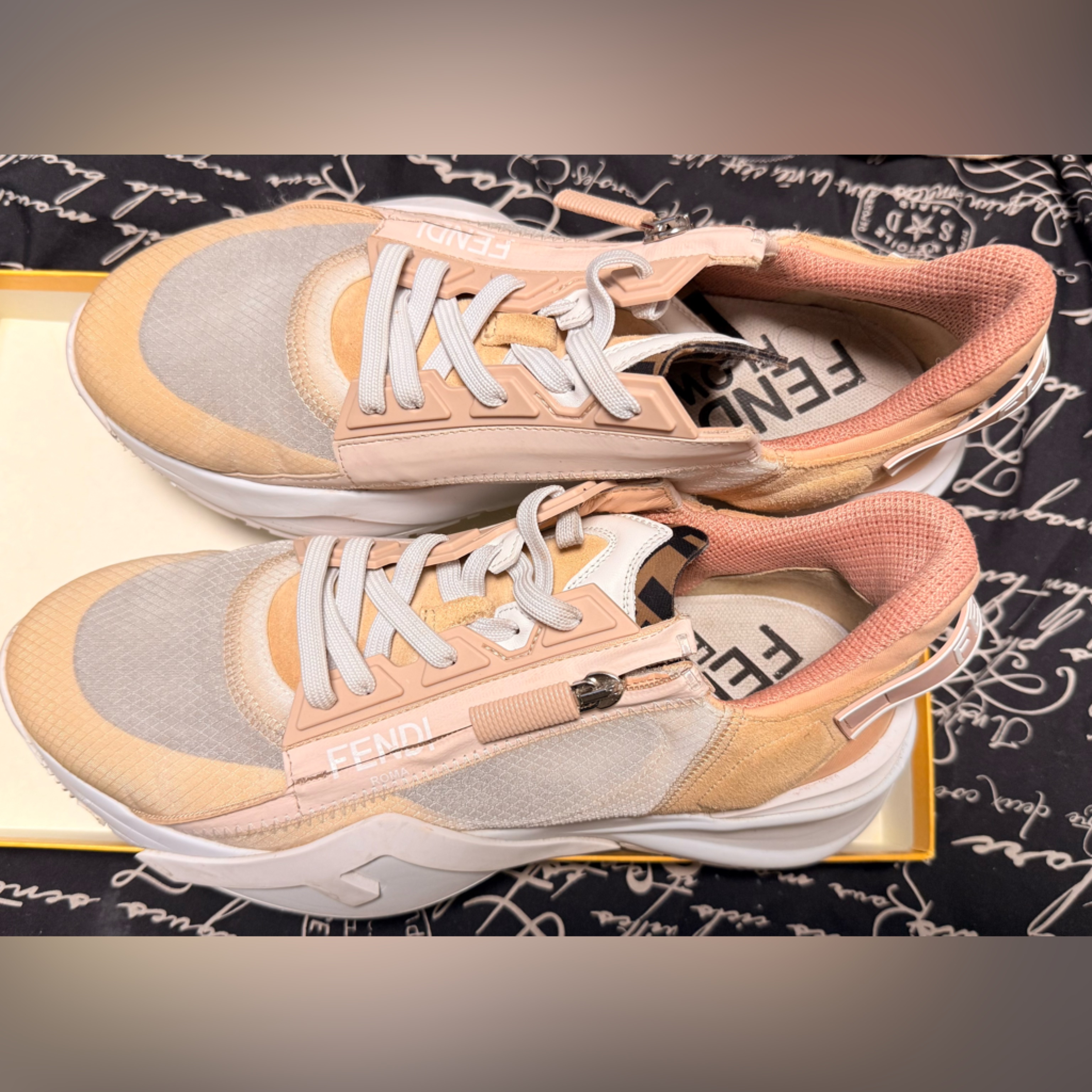 Fendi Women's Beige And Pink Lace-Up Sneakers
